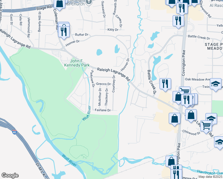 map of restaurants, bars, coffee shops, grocery stores, and more near 2585 Courtney Drive in Memphis