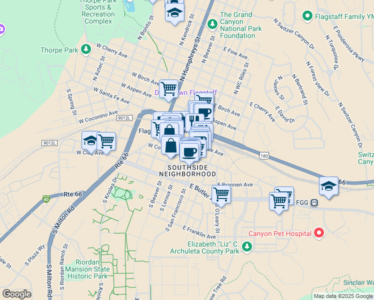 map of restaurants, bars, coffee shops, grocery stores, and more near 14 South Leroux Street in Flagstaff