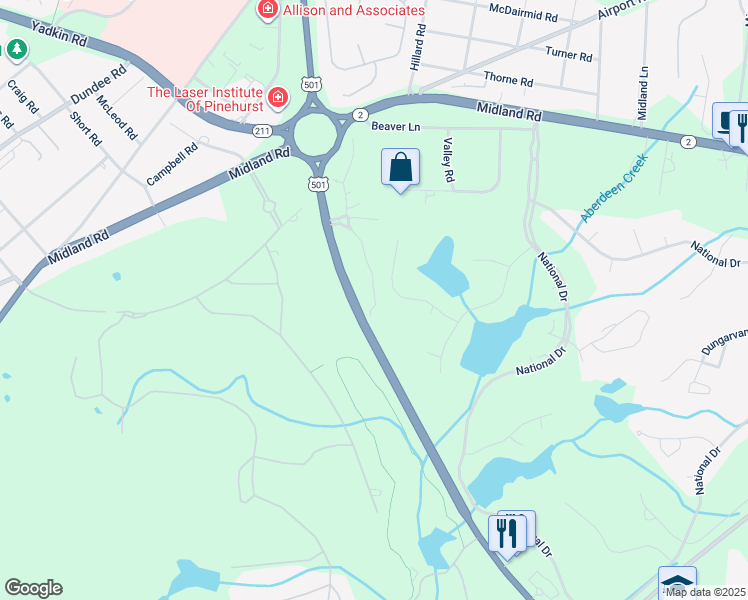 map of restaurants, bars, coffee shops, grocery stores, and more near 17 Pinehurst Manor Road in Pinehurst