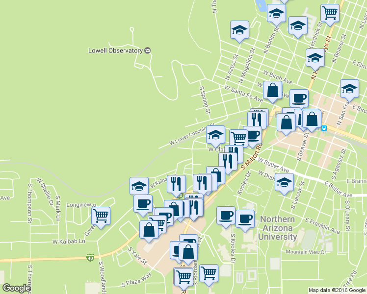 map of restaurants, bars, coffee shops, grocery stores, and more near 910 West Clay Avenue in Flagstaff