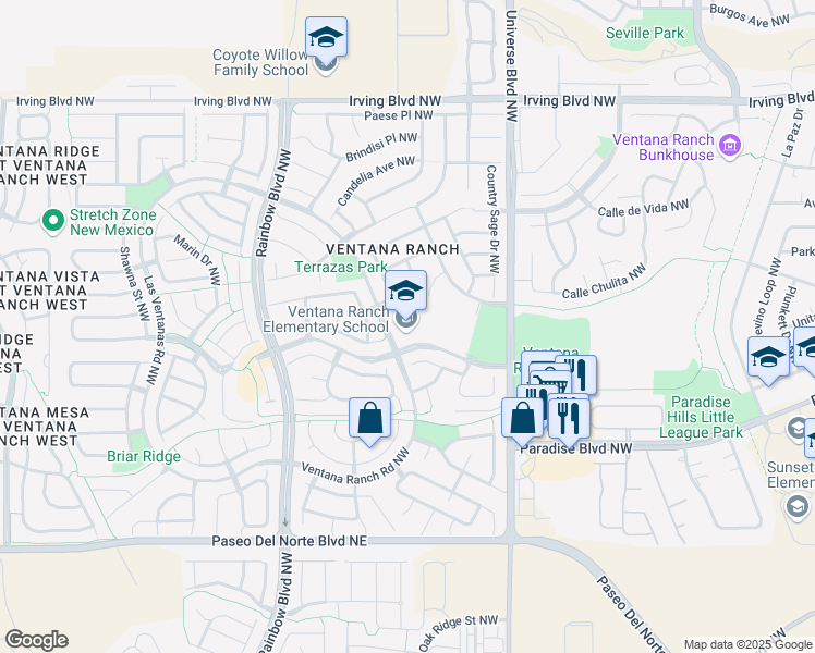 map of restaurants, bars, coffee shops, grocery stores, and more near 6801 Ventana Village Road Northwest in Albuquerque