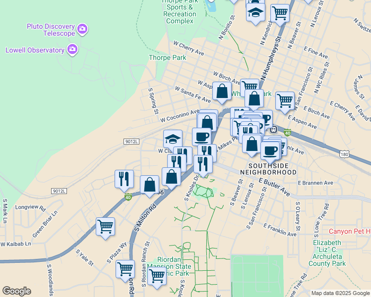 map of restaurants, bars, coffee shops, grocery stores, and more near 526 West Clay Avenue in Flagstaff
