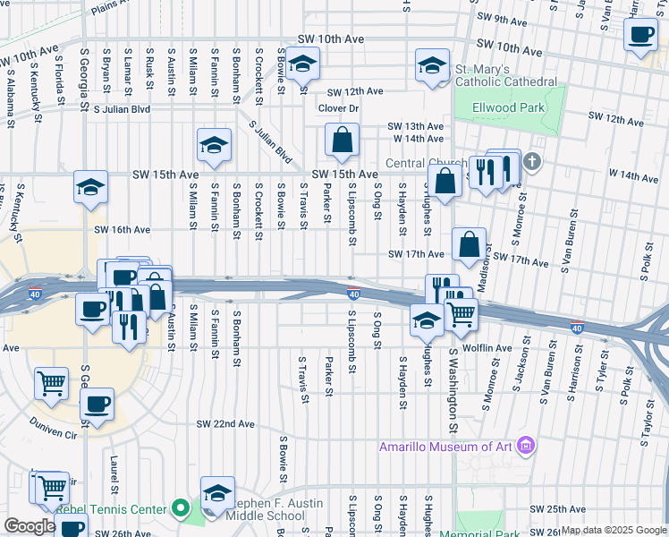 map of restaurants, bars, coffee shops, grocery stores, and more near 1617 Parker Street in Amarillo