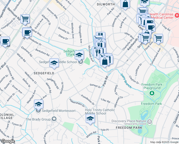map of restaurants, bars, coffee shops, grocery stores, and more near 2626 Park Road in Charlotte