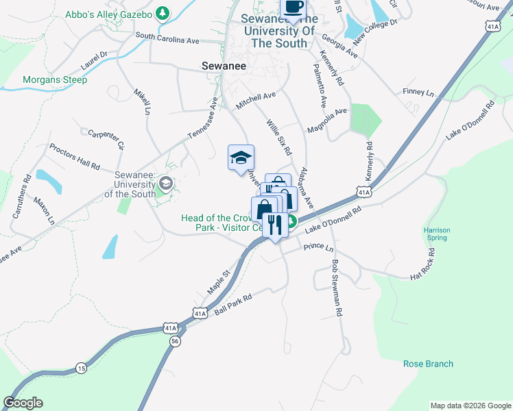 map of restaurants, bars, coffee shops, grocery stores, and more near 91 University Avenue in Sewanee