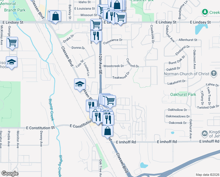 map of restaurants, bars, coffee shops, grocery stores, and more near 1824 Cedar Creek Court in Norman