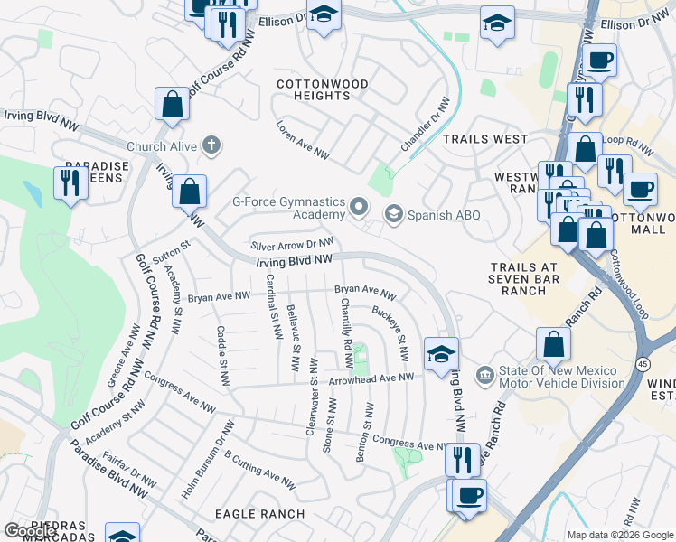 map of restaurants, bars, coffee shops, grocery stores, and more near 10009 Chantilly Road Northwest in Albuquerque