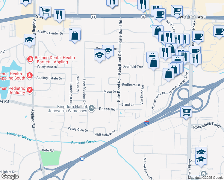 map of restaurants, bars, coffee shops, grocery stores, and more near 7786 Mesa Drive in Memphis
