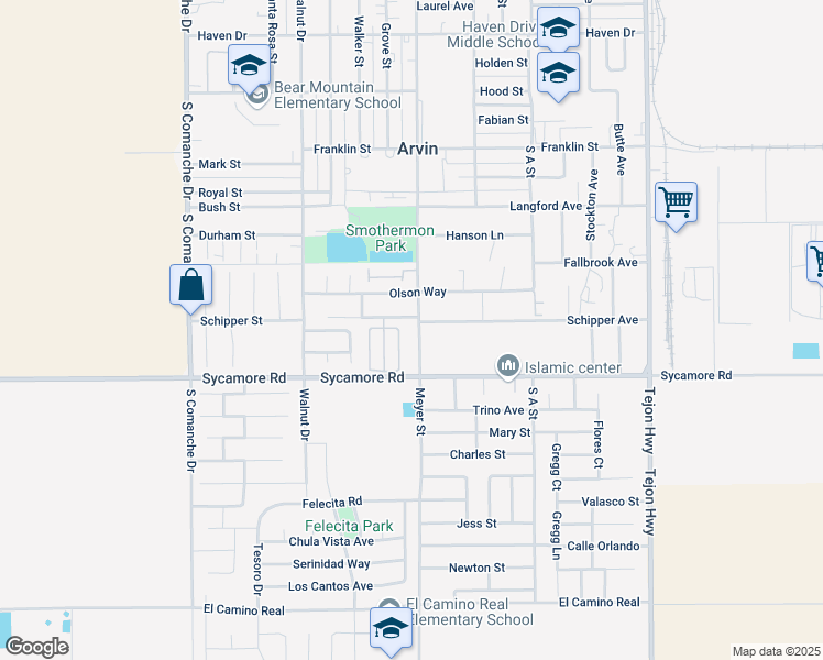 map of restaurants, bars, coffee shops, grocery stores, and more near 1011 Meyer Street in Arvin