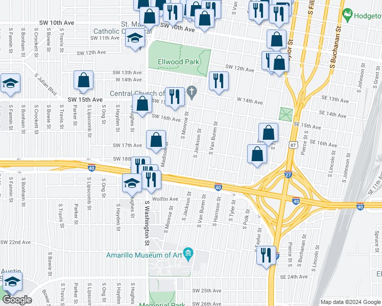 map of restaurants, bars, coffee shops, grocery stores, and more near 1703 South Monroe Street in Amarillo