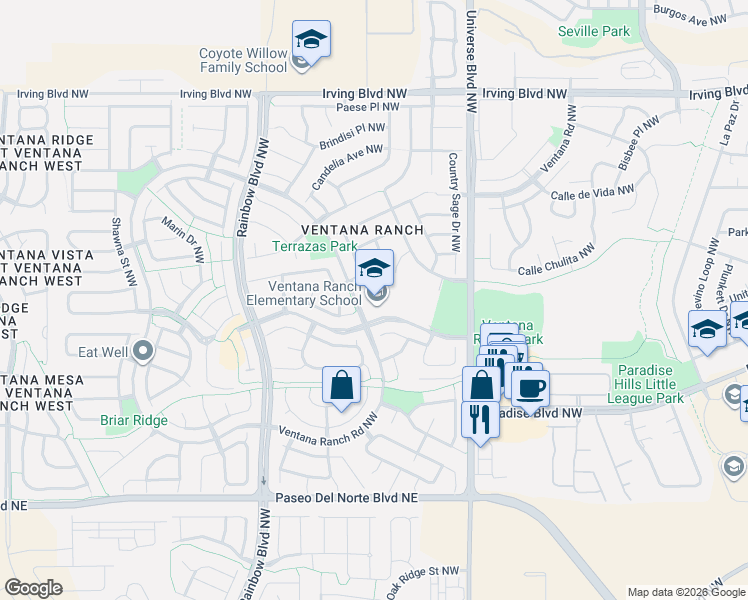 map of restaurants, bars, coffee shops, grocery stores, and more near 6901 Luz Del Sol Place Northwest in Albuquerque