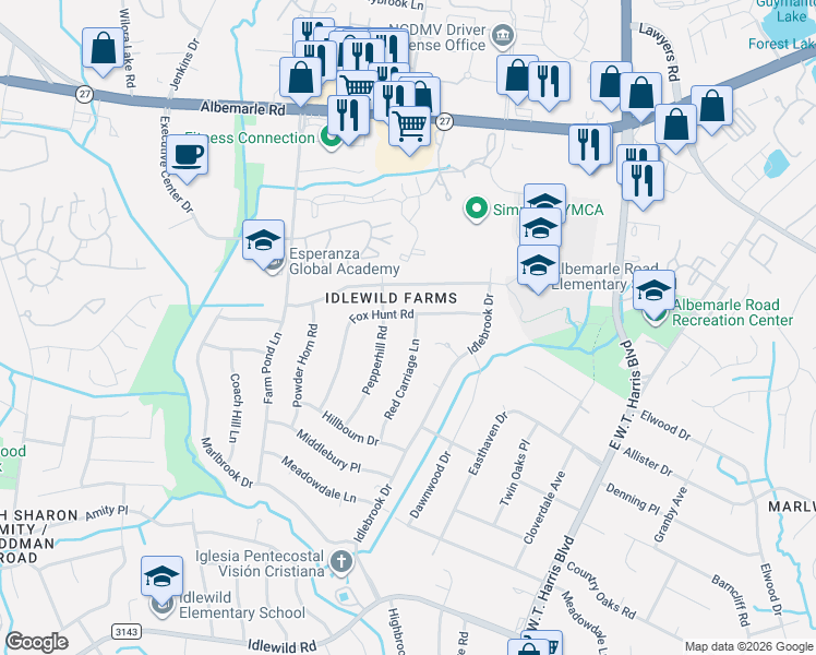 map of restaurants, bars, coffee shops, grocery stores, and more near 5810 Red Carriage Lane in Charlotte