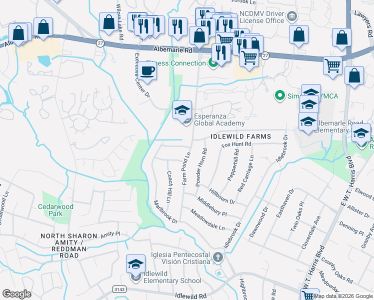 map of restaurants, bars, coffee shops, grocery stores, and more near 6826 Rambling Rose Drive in Charlotte