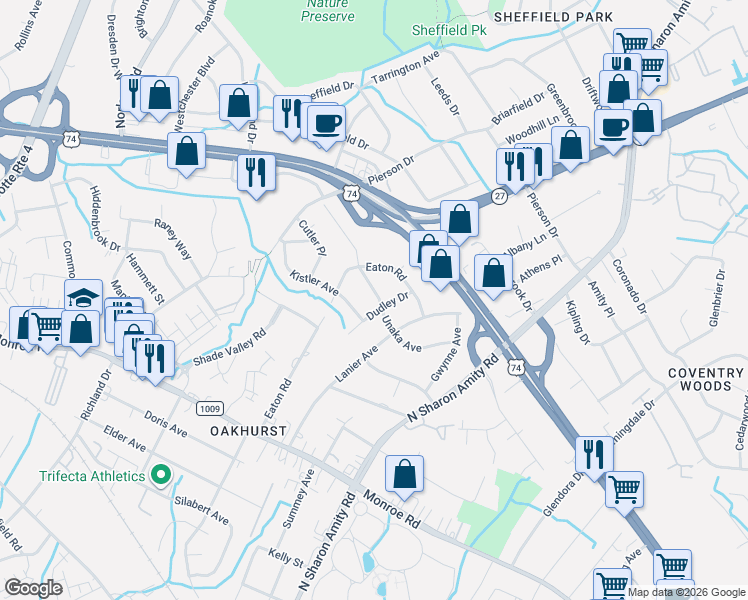 map of restaurants, bars, coffee shops, grocery stores, and more near 5132 Unaka Avenue in Charlotte
