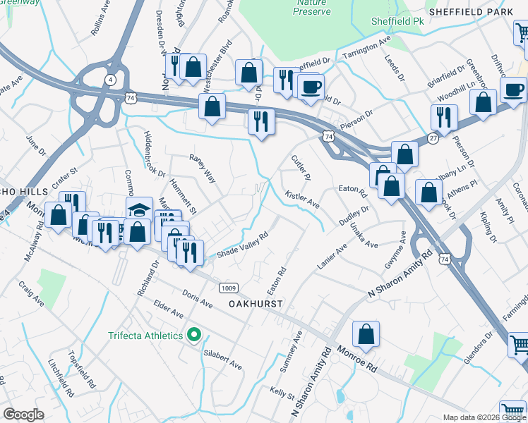 map of restaurants, bars, coffee shops, grocery stores, and more near 5008 Erickson Road in Charlotte
