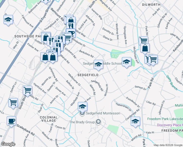 map of restaurants, bars, coffee shops, grocery stores, and more near 436 Elmhurst Road in Charlotte