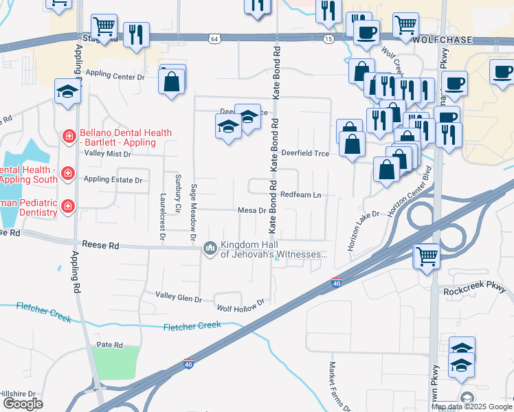 map of restaurants, bars, coffee shops, grocery stores, and more near 7786 Mesa Drive in Memphis