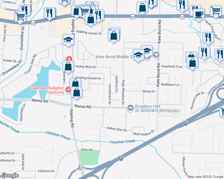 map of restaurants, bars, coffee shops, grocery stores, and more near 2579 Laurelcrest Drive in Memphis