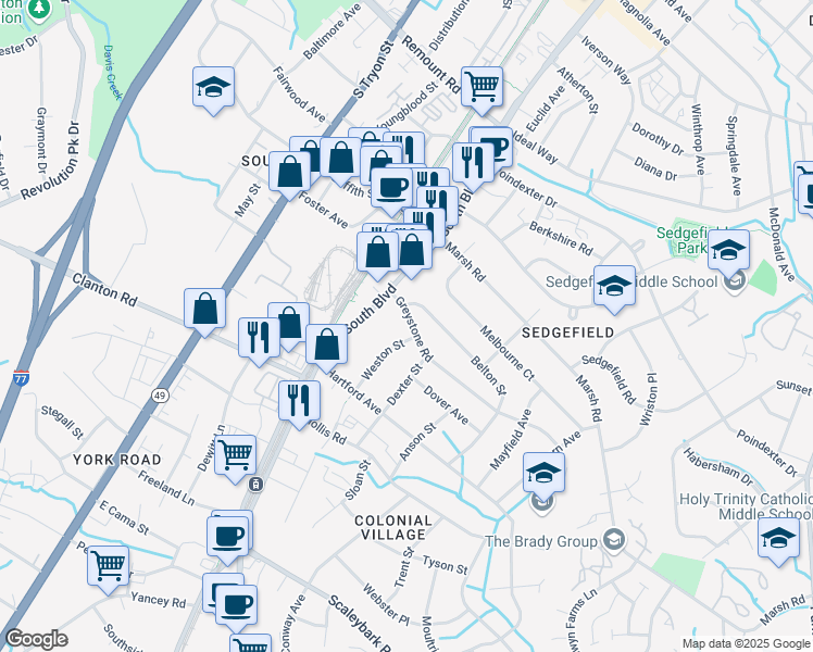 map of restaurants, bars, coffee shops, grocery stores, and more near 312 Greystone Road in Charlotte