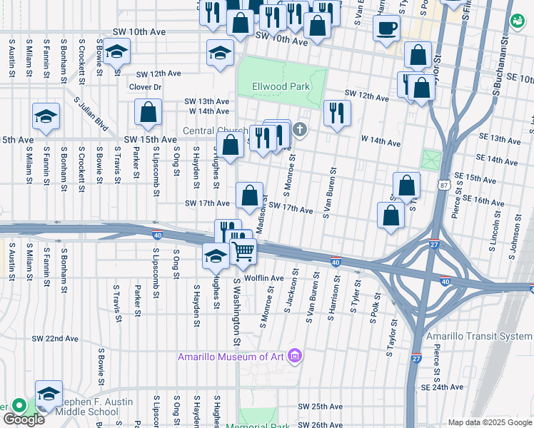 map of restaurants, bars, coffee shops, grocery stores, and more near 1705 South Madison Street in Amarillo