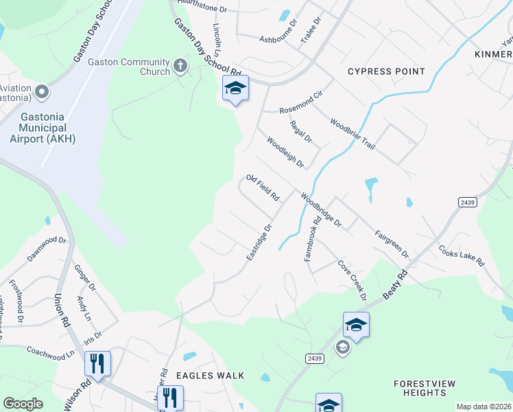 map of restaurants, bars, coffee shops, grocery stores, and more near 2369 Old Field Road in Gastonia