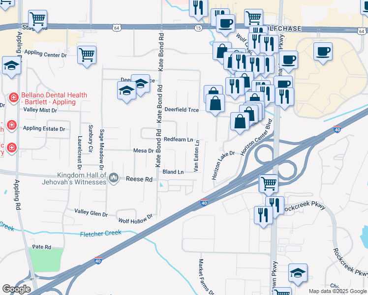 map of restaurants, bars, coffee shops, grocery stores, and more near 2581 Jeffries Cove in Memphis