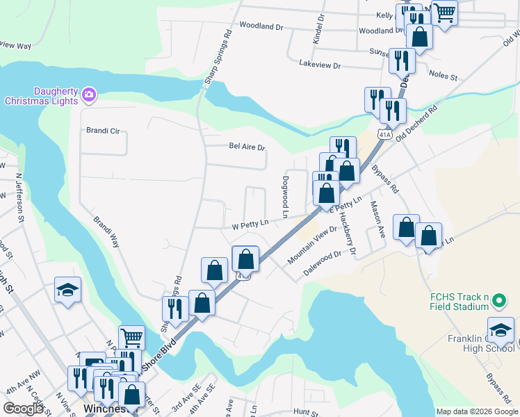 map of restaurants, bars, coffee shops, grocery stores, and more near 105 Highland Drive in Winchester