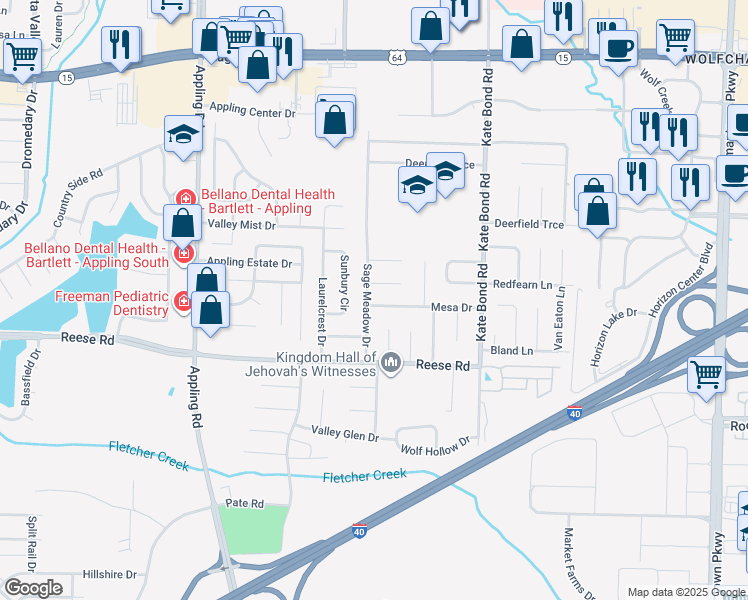 map of restaurants, bars, coffee shops, grocery stores, and more near 7668 Mesa Drive in Memphis