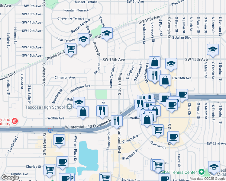 map of restaurants, bars, coffee shops, grocery stores, and more near 1813 S Carolina St in Amarillo