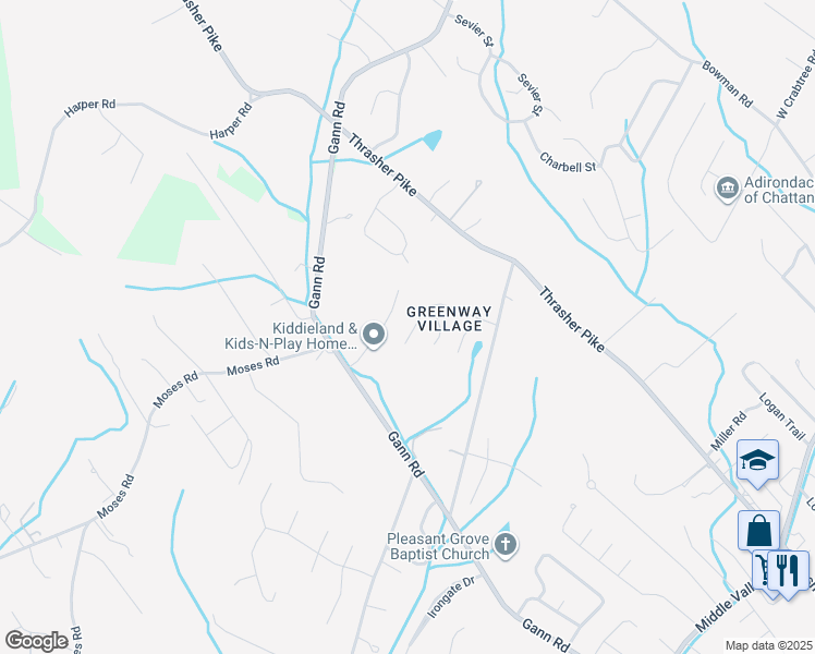 map of restaurants, bars, coffee shops, grocery stores, and more near 7735 Village Way Drive in Middle Valley