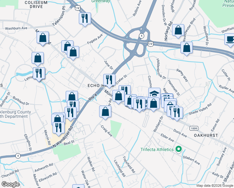 map of restaurants, bars, coffee shops, grocery stores, and more near 4201 Monroe Road in Charlotte
