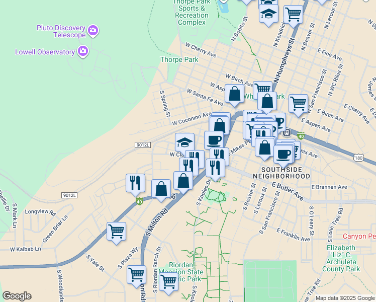 map of restaurants, bars, coffee shops, grocery stores, and more near 526 West Clay Avenue in Flagstaff