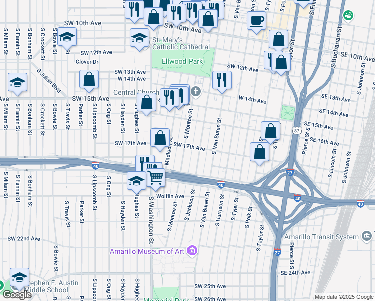 map of restaurants, bars, coffee shops, grocery stores, and more near 1703 South Monroe Street in Amarillo