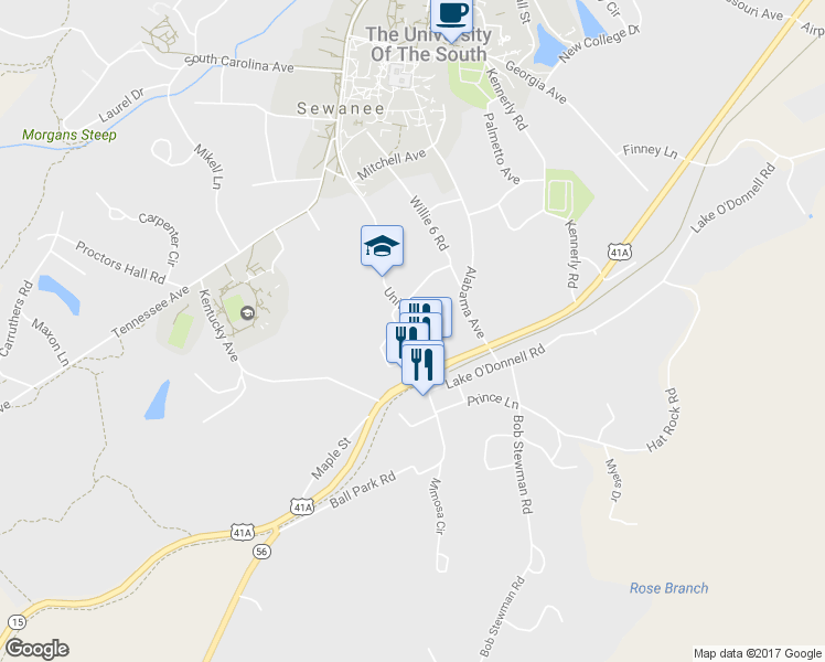 map of restaurants, bars, coffee shops, grocery stores, and more near 91 University Ave in Sewanee
