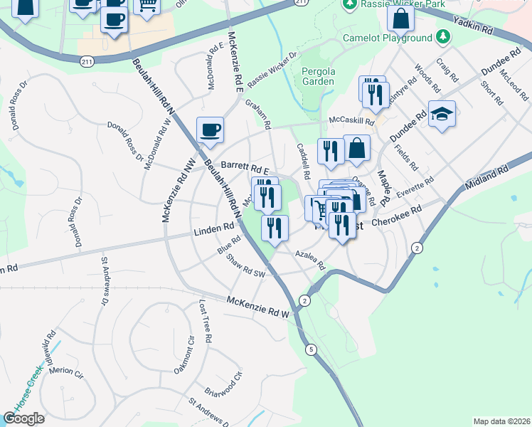 map of restaurants, bars, coffee shops, grocery stores, and more near 80 Carolina Vista Drive in Pinehurst