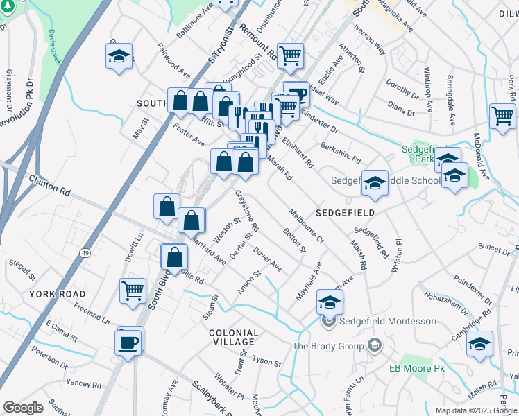 map of restaurants, bars, coffee shops, grocery stores, and more near 334 Belton Street in Charlotte