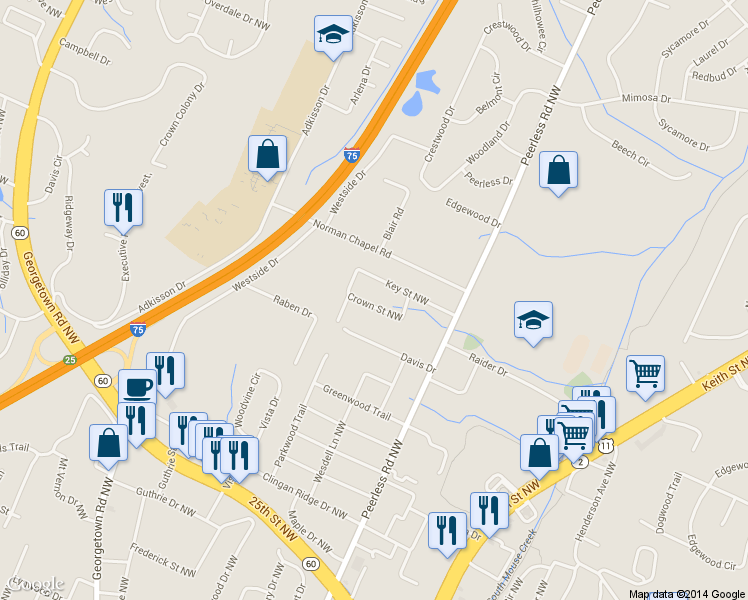 map of restaurants, bars, coffee shops, grocery stores, and more near 1236 Crown St NW in Cleveland