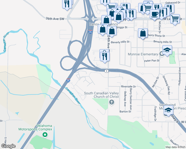 map of restaurants, bars, coffee shops, grocery stores, and more near 2600 Van Buren Street in Norman