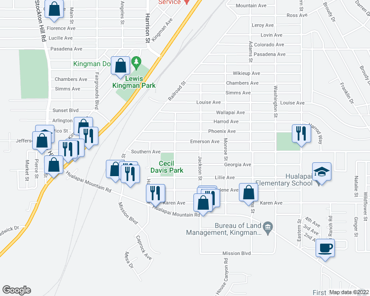 map of restaurants, bars, coffee shops, grocery stores, and more near 2419 Southern Avenue in Kingman