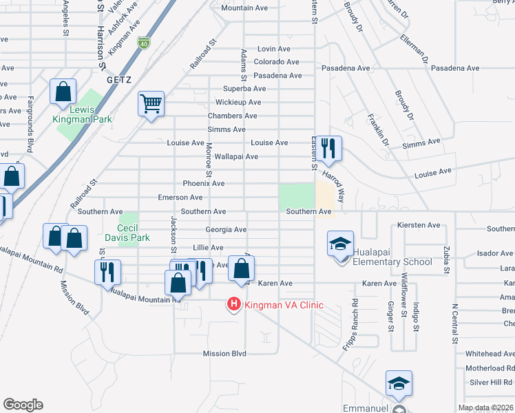 map of restaurants, bars, coffee shops, grocery stores, and more near 2719 Southern Avenue in Kingman