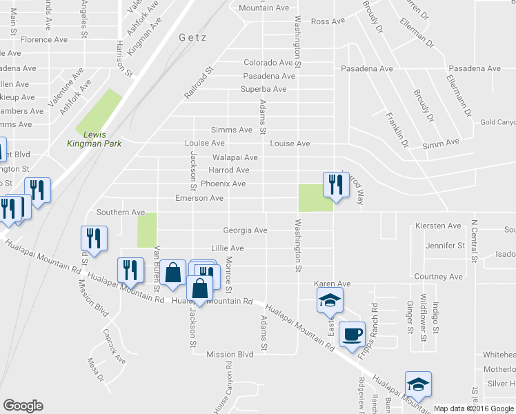 map of restaurants, bars, coffee shops, grocery stores, and more near 2643 Southern Avenue in Kingman
