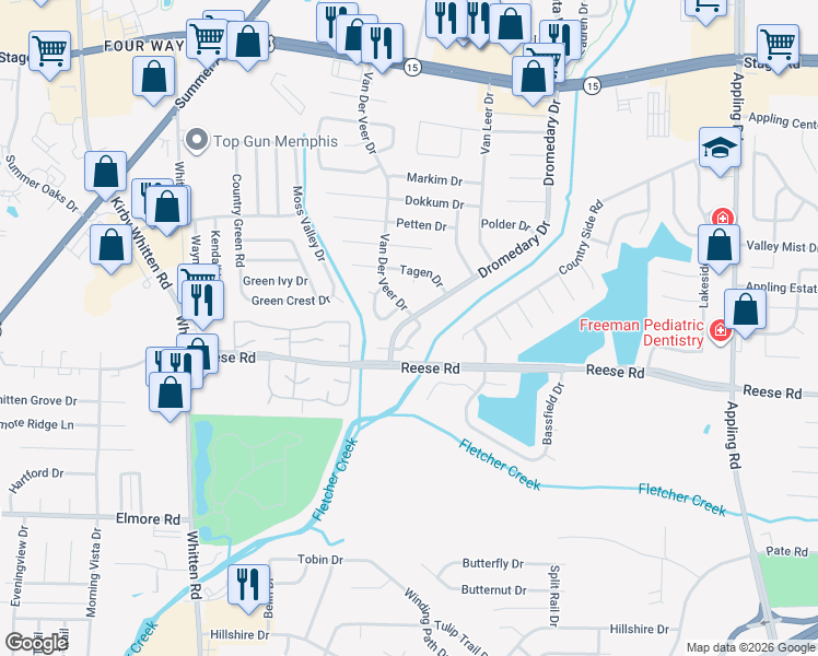 map of restaurants, bars, coffee shops, grocery stores, and more near 2575 Reese Point Drive in Memphis