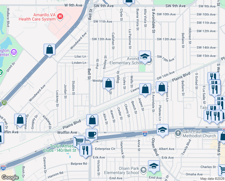 map of restaurants, bars, coffee shops, grocery stores, and more near 1546 Fisk Street in Amarillo