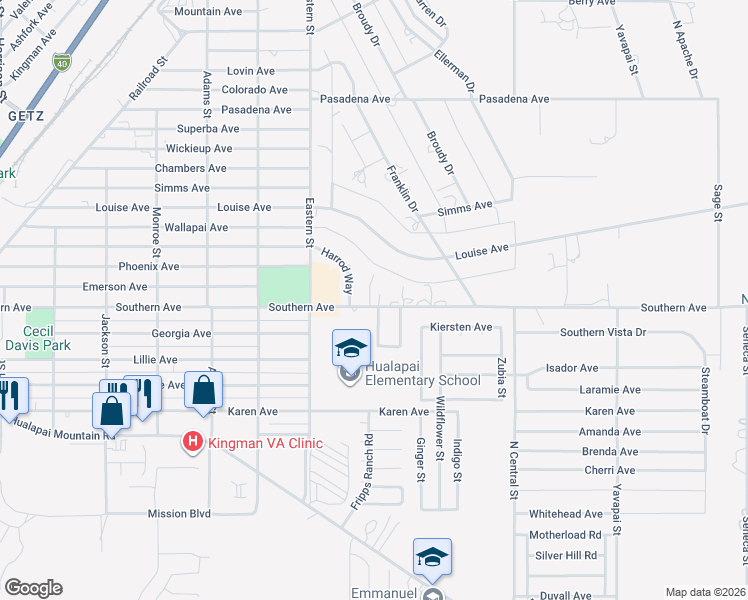 map of restaurants, bars, coffee shops, grocery stores, and more near 3069 Southern Avenue in Kingman