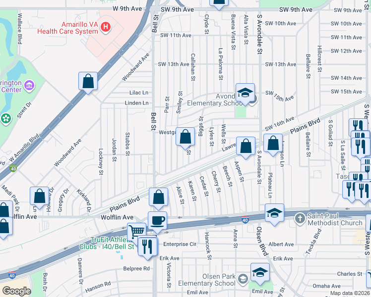map of restaurants, bars, coffee shops, grocery stores, and more near 1546 Fisk St in Amarillo