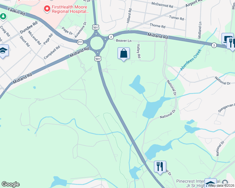 map of restaurants, bars, coffee shops, grocery stores, and more near 9265 U.S. 15 in Pinehurst