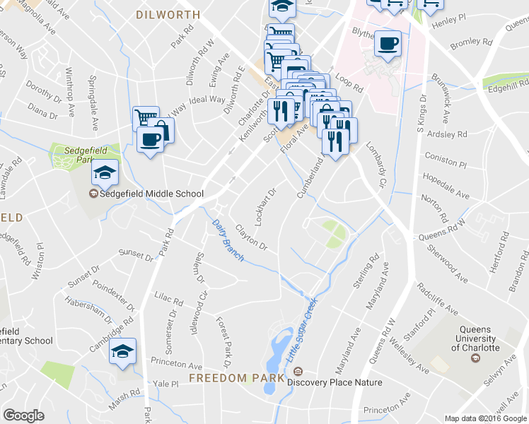 map of restaurants, bars, coffee shops, grocery stores, and more near 2209 Lockhart Drive in Charlotte