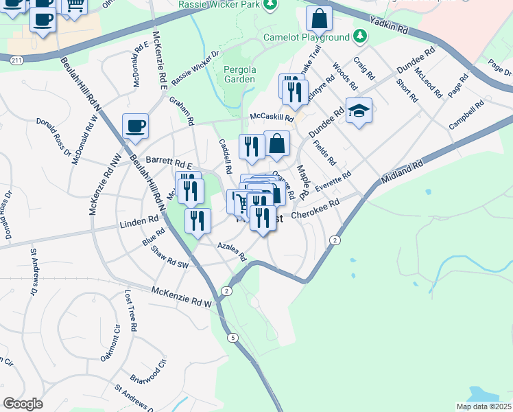 map of restaurants, bars, coffee shops, grocery stores, and more near 120 Magnolia Road in Pinehurst