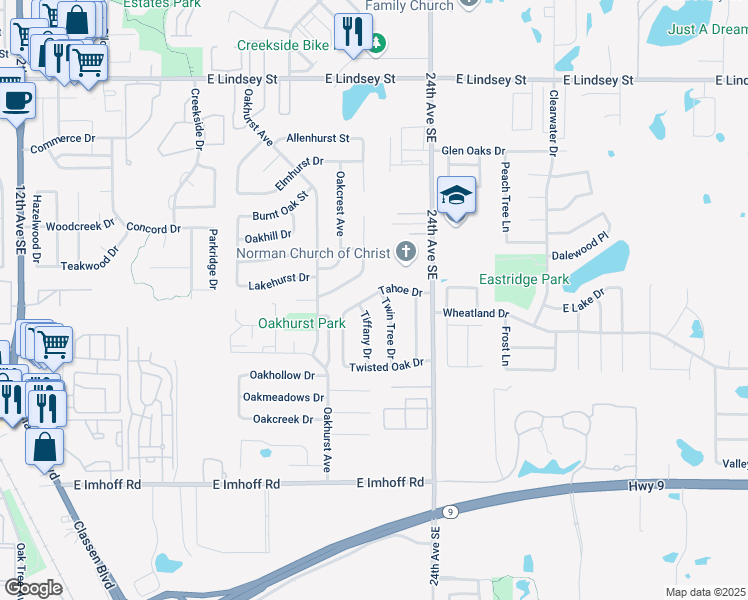 map of restaurants, bars, coffee shops, grocery stores, and more near 1800 Twin Tree Dr in Norman