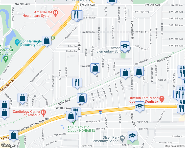 map of restaurants, bars, coffee shops, grocery stores, and more near 1547 Smiley Street in Amarillo